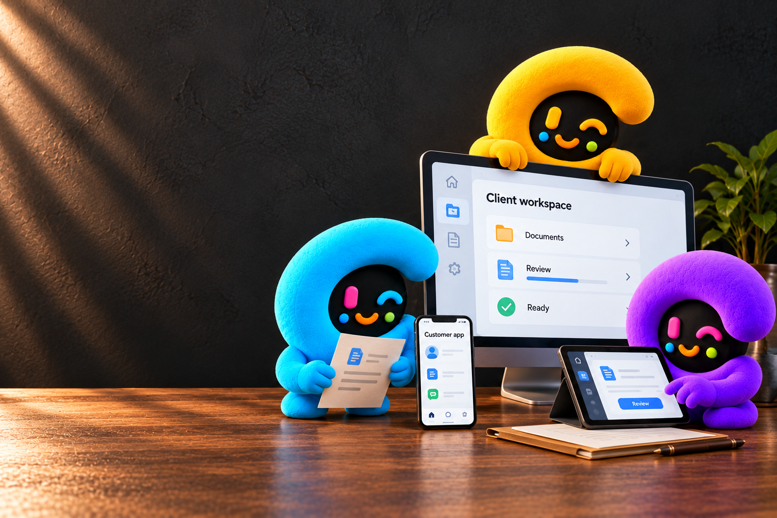 Pip, Momo and Patch working together on a customer app and the software behind it. An illustrated build scene.