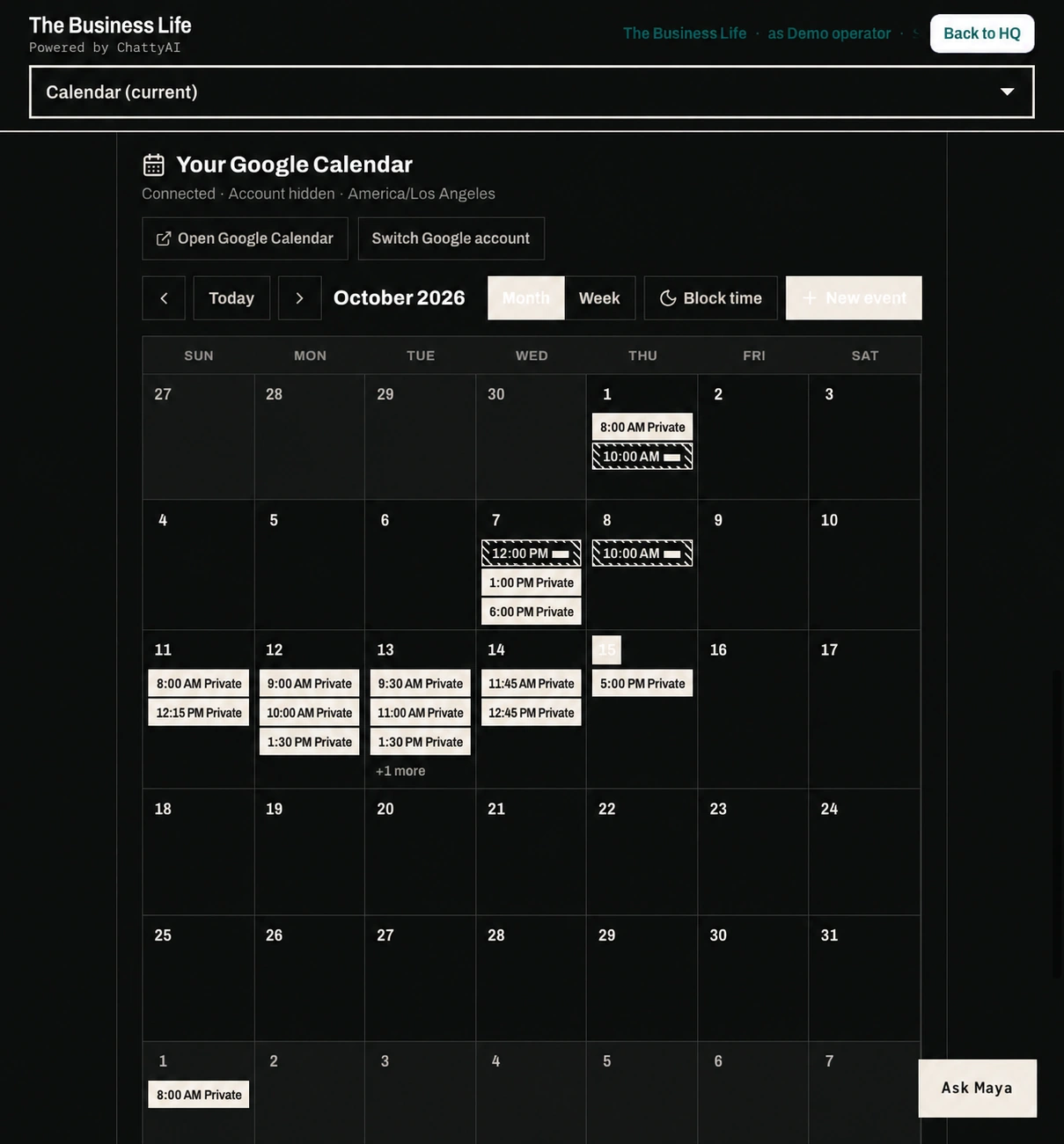 Actual ChattyAI connected Google Calendar inside the Business Lyfe workspace. Private event labels and account details are covered.