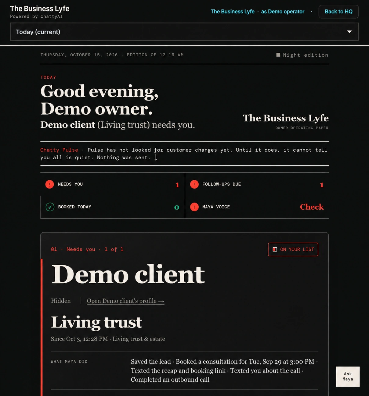 Approved Business Lyfe owner workspace showing a Demo client and a recorded customer journey. Private identities are covered; original workflow states remain visible.