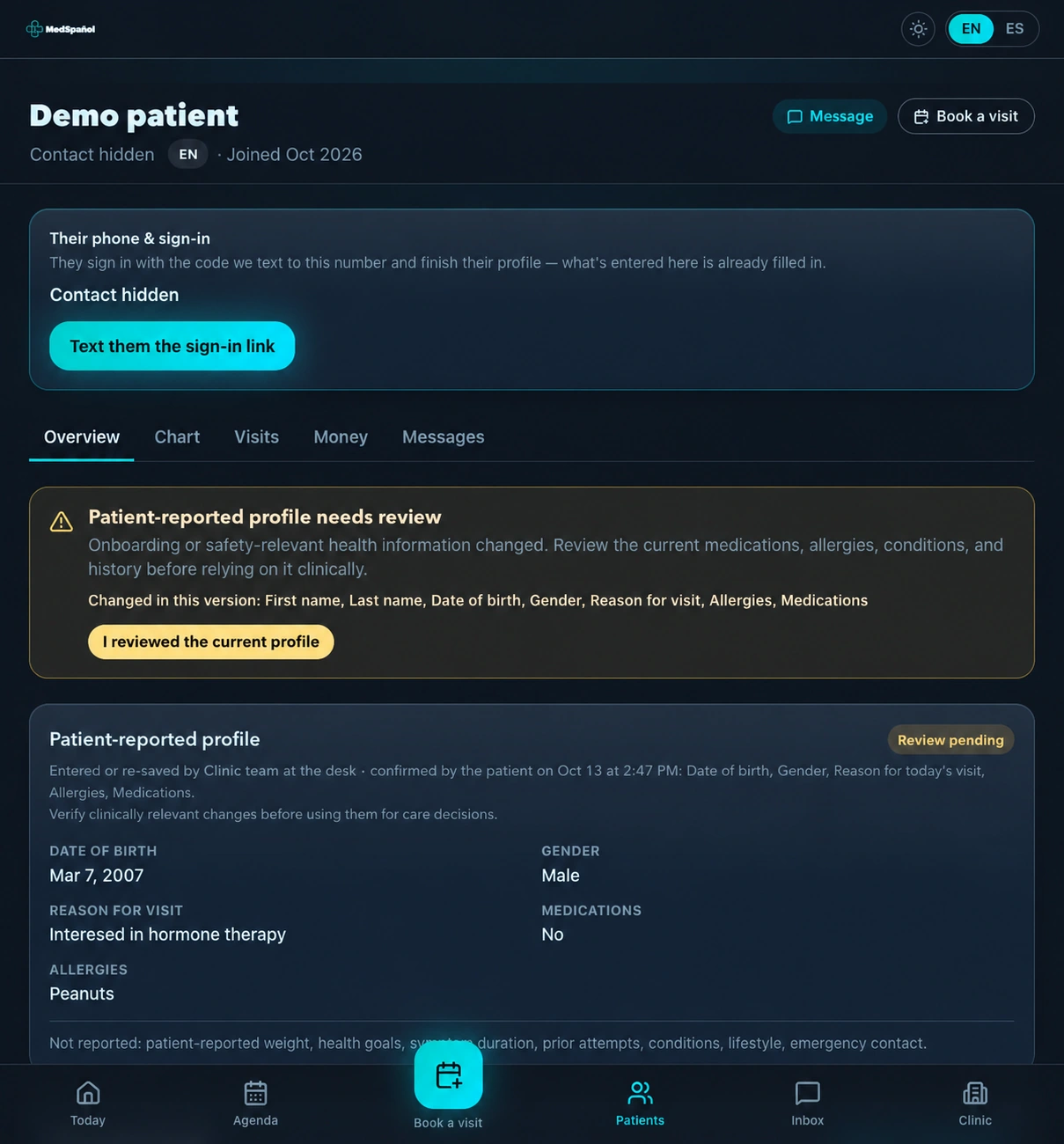 Medbits clinic app using an owner-approved synthetic Demo patient. Patient-reported profile information is explicitly marked as awaiting clinical review.